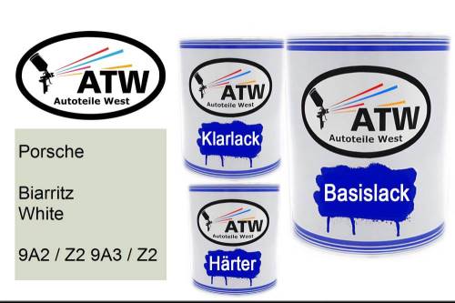 Porsche, Biarritz White, 9A2 / Z2 9A3 / Z2: 1L Lackdose + 1L Klarlack + 500ml Härter - Set, von ATW Autoteile West.